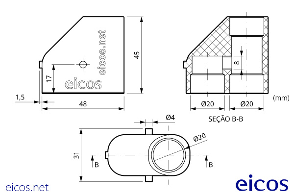 Dimensões do Adaptador 20x20 para Tubo PVC