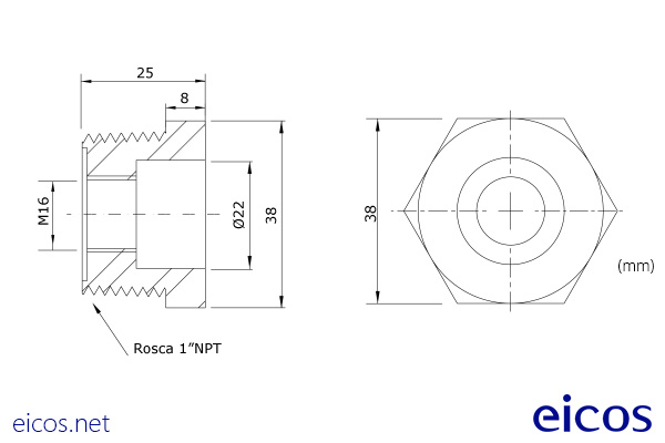 Dimensões da Conexão 1"NPT em alumínio para montagem de Sensores de Nível verticais