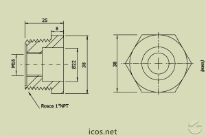 Dimensões da Conexão 1"NPT para montagem de Sensores de Nível verticais