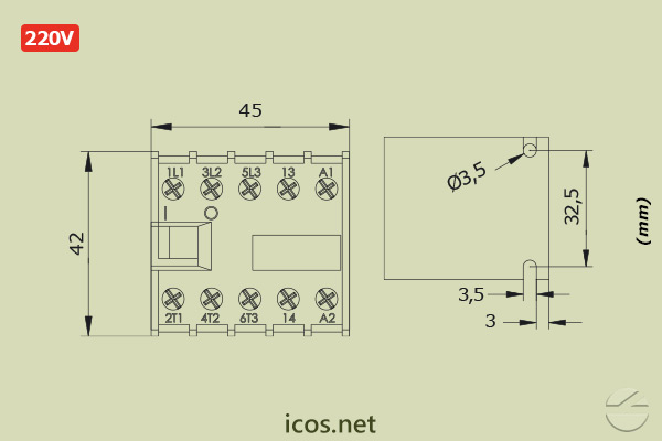 Dimensões do Mini Contator (Contator Auxiliar) Weg CW07 220V