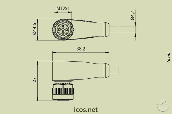 Dimensões do Conector M12 4 vias 90° fêmea c/ cabo 2m em PUR