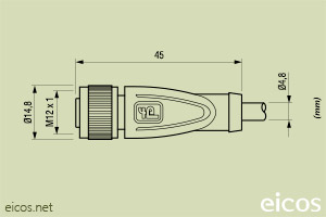 Dimensões do conector fêmea M12 reto 4 vias c/ cabo 2m em PVC