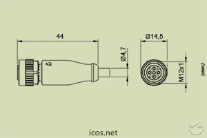 Dimensões do Conector M12 4 vias reto fêmea c/ cabo 2m em PVC