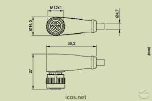 Dimensões do Conector M12 4 vias 90° fêmea c/ cabo 5m em PVC