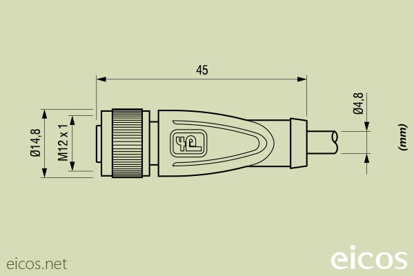 Dimensões do conector fêmea M12 reto 4 vias c/ cabo 5m em PVC