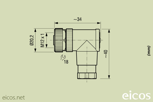 Dimensões do conector fêmea M12 90° 4 vias