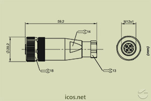 Dimensões do Conector M12 4 vias reto fêmea sem cabo