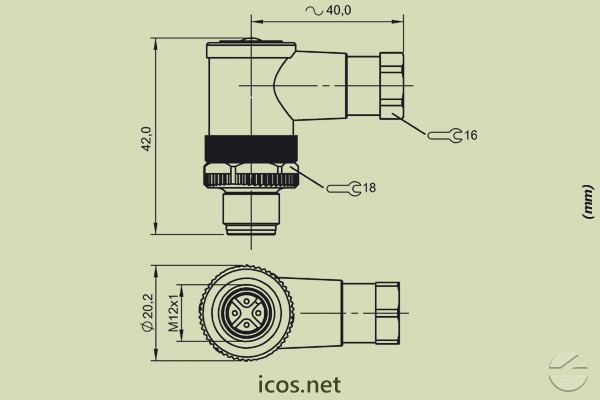 Dimensões do conector macho M12 90° 4 vias