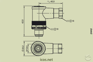 Dimensões do Conector M12 4 vias 90° macho sem cabo
