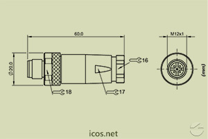 Dimensões do Conector M12 4 vias reto macho sem cabo