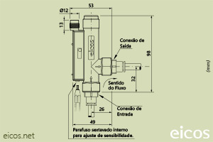 Dimensões do Sensor de Fluxo (Fluxostato) para baixas vazões FA14B02-M12