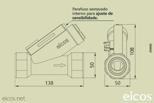 Dimensões do Sensor de Fluxo (Fluxostato) para médias vazões FC10B02