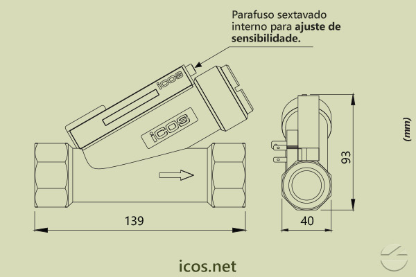 Dimensões do Sensor de Fluxo (Fluxostato) para médias vazões FC34B02