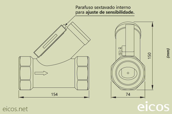 Dimensões do Sensor de Fluxo (Fluxostato) para altas vazões FG20B02