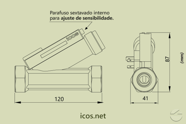 Dimensões do Sensor de Fluxo (Fluxostato) para médias vazões FH12B02