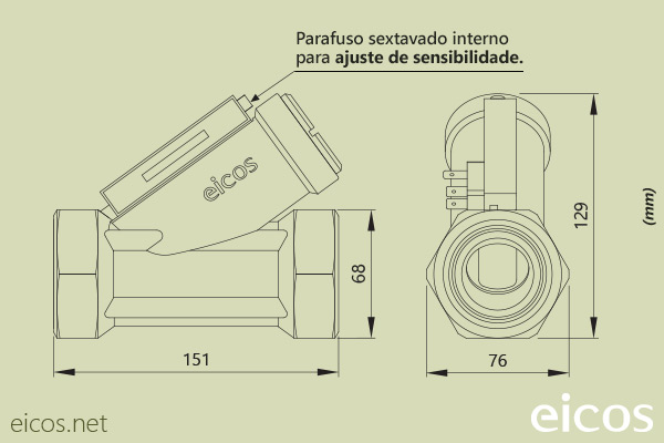 Dimensões do Sensor de Fluxo (Fluxostato) para altas vazões FJ112B02