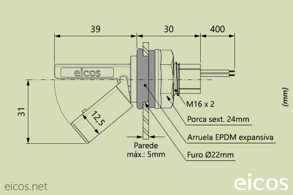 Dimensões do Sensor de Nível tipo Boia para controle de nível de líquidos LF222E-40