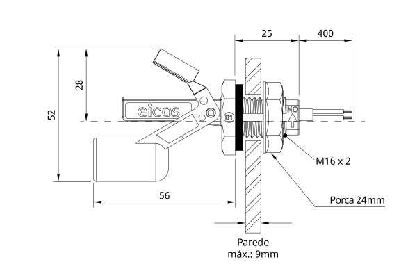 Dimensões do Sensor de Nível tipo Boia para controle de nível de líquidos LB16M-40