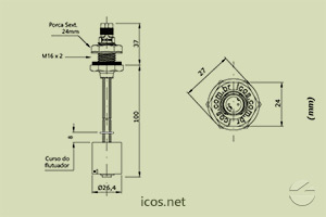 Dimensões do Sensor de Nível tipo Boia para controle de nível de líquidos LD361-M12