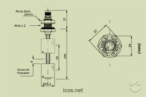 Dimensões do Sensor de Nível tipo Boia para controle de nível de líquidos LD362-M12