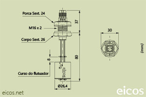 Dimensões do Sensor de Nível tipo Boia para controle de nível de líquidos LD81-M12
