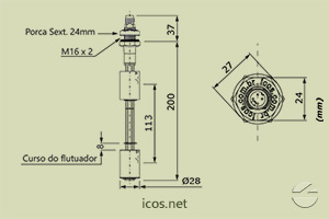 Dimensões do Sensor de Nível tipo Boia para controle de nível de líquidos LE202-1-M12