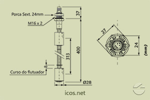 Dimensões do Sensor de Nível tipo Boia para controle de nível de líquidos LE402-1-M12