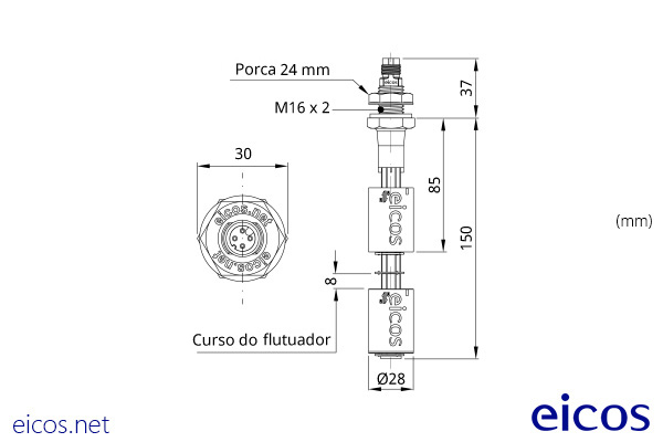 Dimensões do Sensor de Nível LE152-1-M12