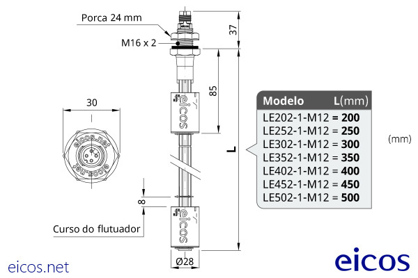 Dimensões do Sensor de Nível LE202-1-M12