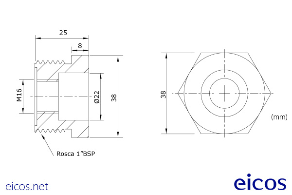 Dimensões da Conexão 1"BSP em alumínio para montagem de Sensores de Nível verticais