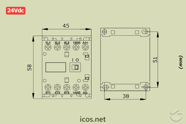 Dimensões do Mini Contator (Contator Auxiliar) Weg CWC07 24Vdc