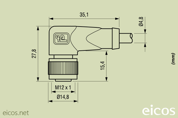 Dimensões do conector fêmea M12 90° 4 vias c/ cabo 2m em PVC