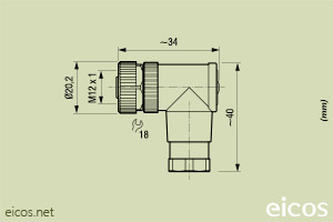 Dimensões do conector fêmea M12 90° 4 vias