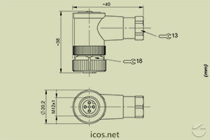 Dimensões do Conector M12 4 vias 90° fêmea sem cabo