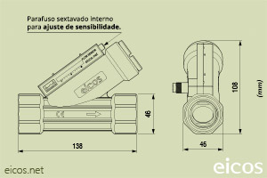Dimensões do Sensor de Fluxo (Fluxostato) para médias vazões FC10B02-M12
