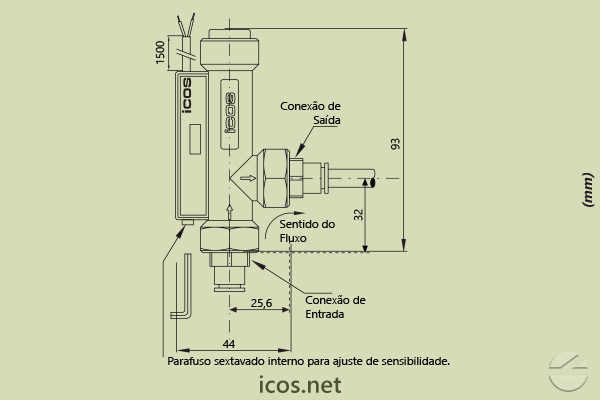 Dimensões do Sensor de Fluxo (Fluxostato) para baixas vazões FE18B02