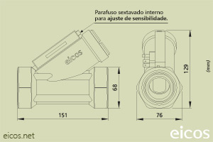 Dimensões do Sensor de Fluxo (Fluxostato) para altas vazões FJ112B02