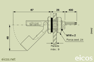 Dimensões do Sensor de Nível tipo Boia para controle de nível de líquidos LA16M-40