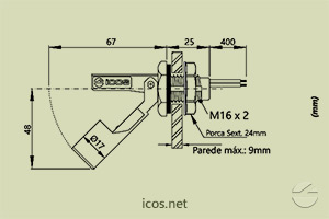 Dimensões do Sensor de Nível tipo Boia para controle de nível de líquidos LA16M-40