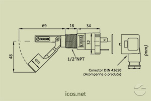 Dimensões do Sensor de Nível tipo Boia para controle de nível de líquidos LA32NP
