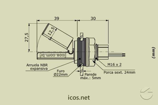 Dimensões do Sensor de Nível tipo Boia para controle de nível de líquidos LF122E-40