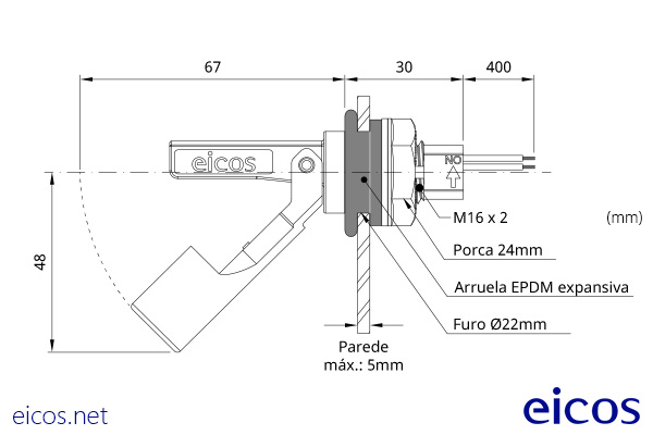 Dimensões do Sensor de Nível LA322E-40