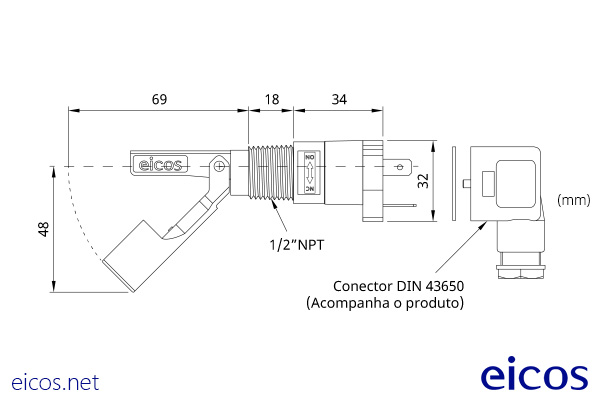 Dimensões do Sensor de Nível LA32NP