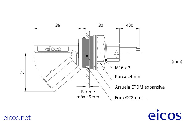 Dimensões do Sensor de Nível LF322E-40