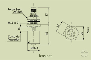 Dimensões do Sensor de Nível tipo Boia para controle de nível de líquidos LC36-M12