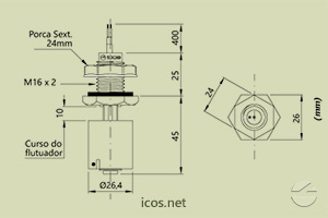 Dimensões do Sensor de Nível tipo Boia para controle de nível de líquidos LC36M-40