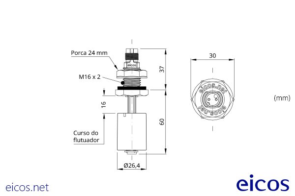 Dimensões do Sensor de Nível LD61-M12