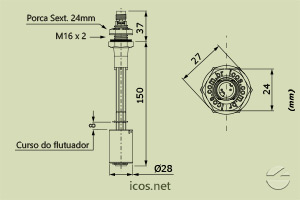 Dimensões do Sensor de Nível tipo Boia para controle de nível de líquidos LE151-M12
