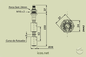 Dimensões do Sensor de Nível tipo Boia para controle de nível de líquidos LE152-1-M12
