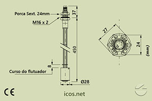 Dimensões do Sensor de Nível tipo Boia para controle de nível de líquidos LE451-M12